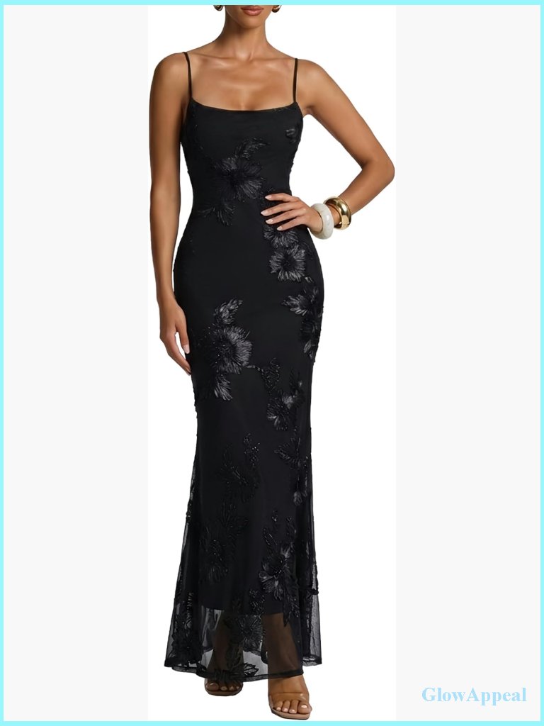 Bodycon Maxi Formal Evening Dress 3d Floral Mesh Spaghetti Straps